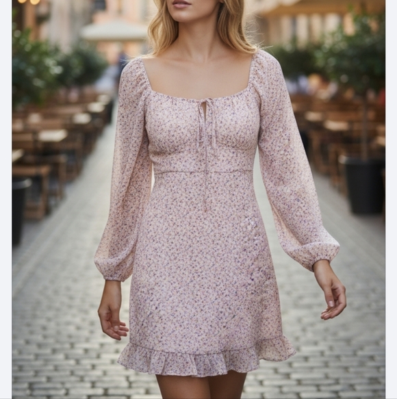 Floral chiffon mini dress - Dusty rose barbie size large - Picture 1 of 7